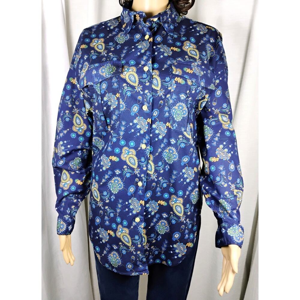 Cristina Womens L Blue Paisley Button Front Shirt Cotton Long Sleeve Boho Retro